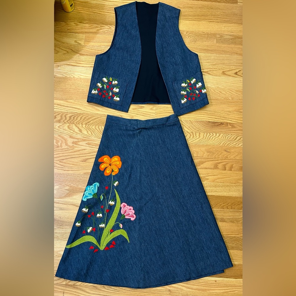 Vintage Handmade Custom Embroidered Denim Floral Vest and Skirt Set RARE